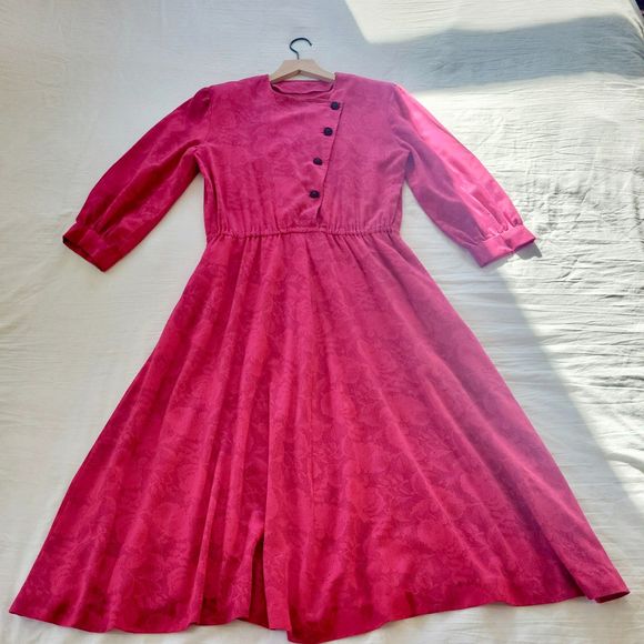 Vintage 80s 90s Secretary Dress Size 10 Pink Floral Handmade Day Maxi Pockets - Picture 10 of 11